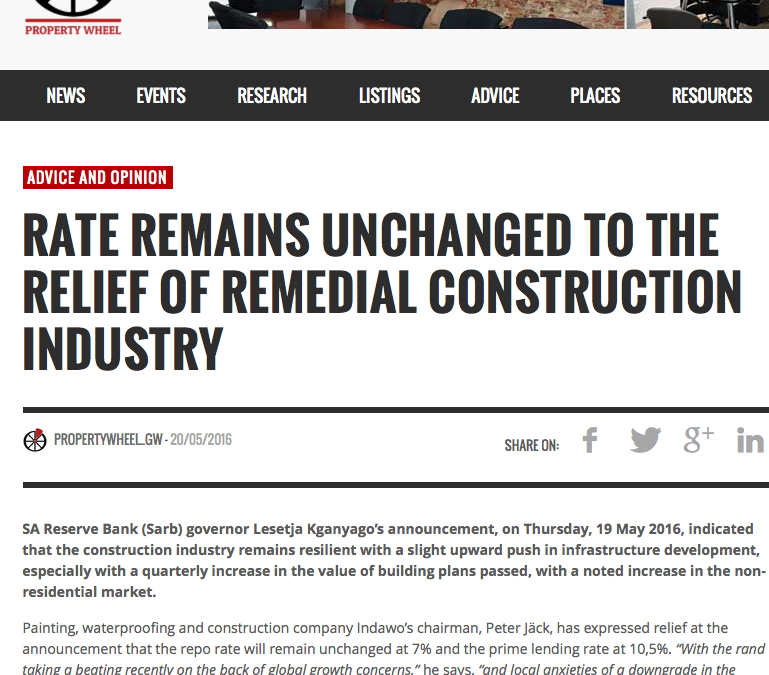 Indawo media coverage of interest rate announcement affecting roofing and building refurbishment contractors in the construction industry